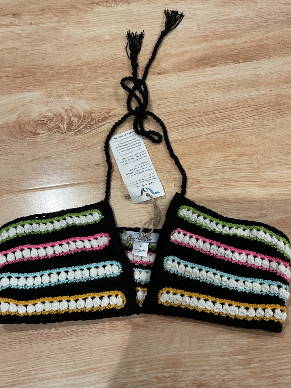 Black Crochet Stripe Halter Crop Top with Multicolor Accents lined nwt large